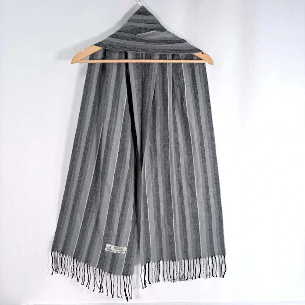 Italy Design Scarf Grey Striped Cashmere Blend Fringed Winter Wrap 12x68